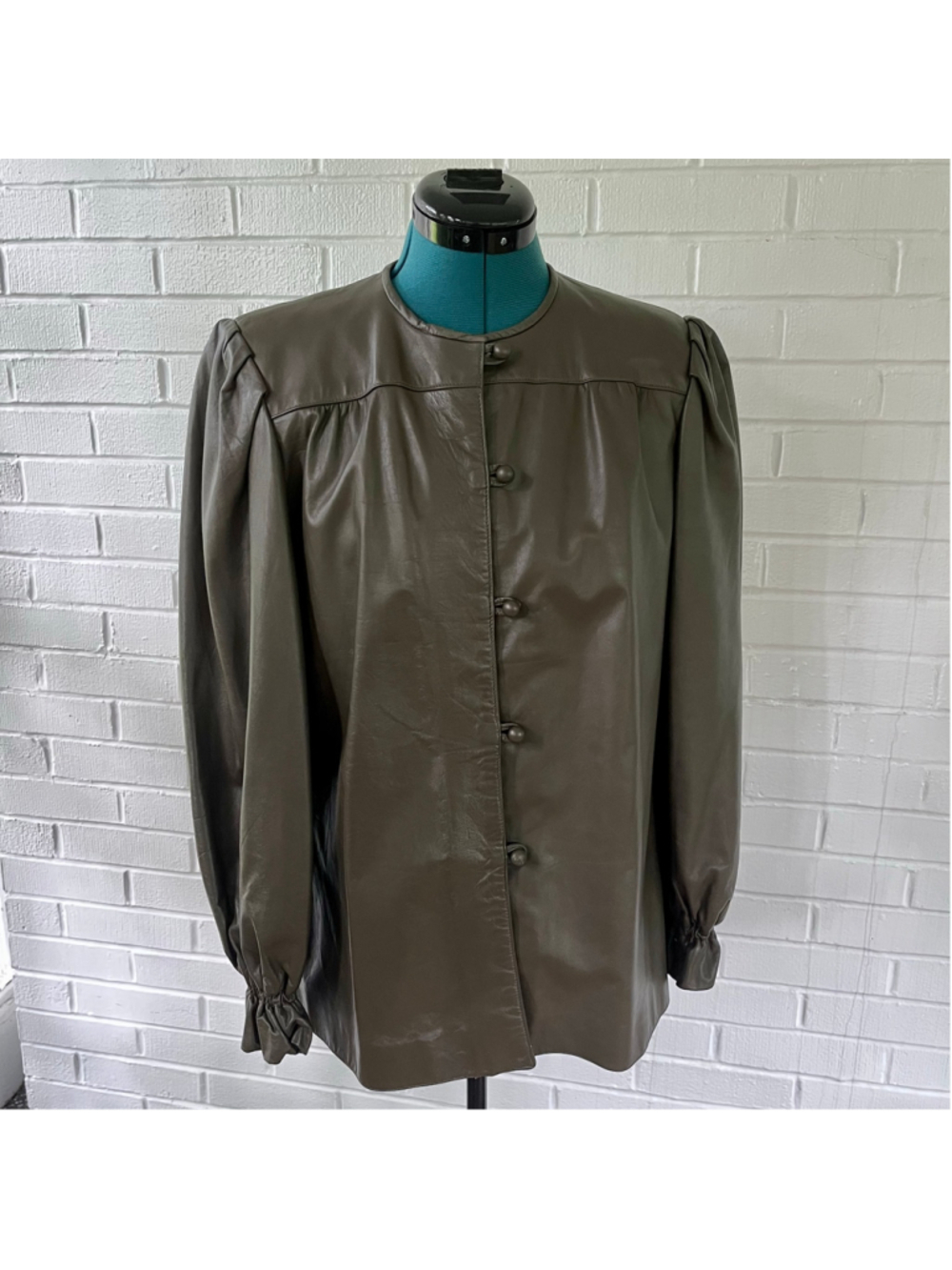Vintage 1980s Fendi Olive Green Leather Jacket Puff Sleeve Women’s 12
